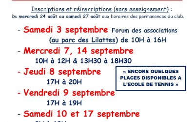 Inscriptions Saison 2022-2023 : Permanences Août & Septembre 2022